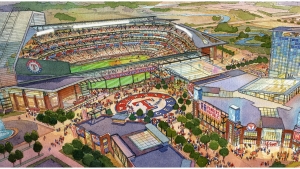 Artist's rendering of the new Texas Live! entertainment complex and Rangers ballpark.